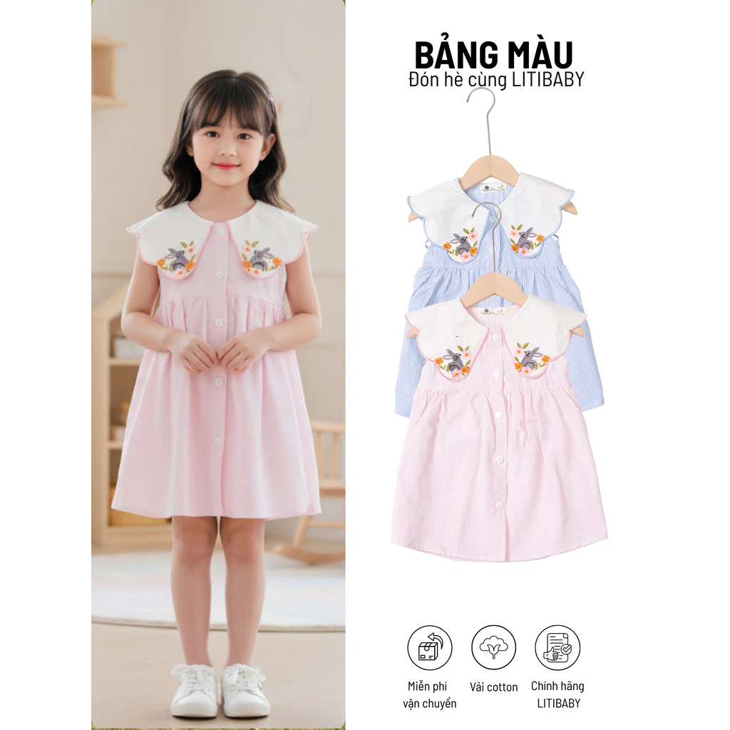Đầm bé gái cotton kẻ sọc cổ to thêu xinh xắn LITIBABY cho bé từ 2-10 tuổi NH17