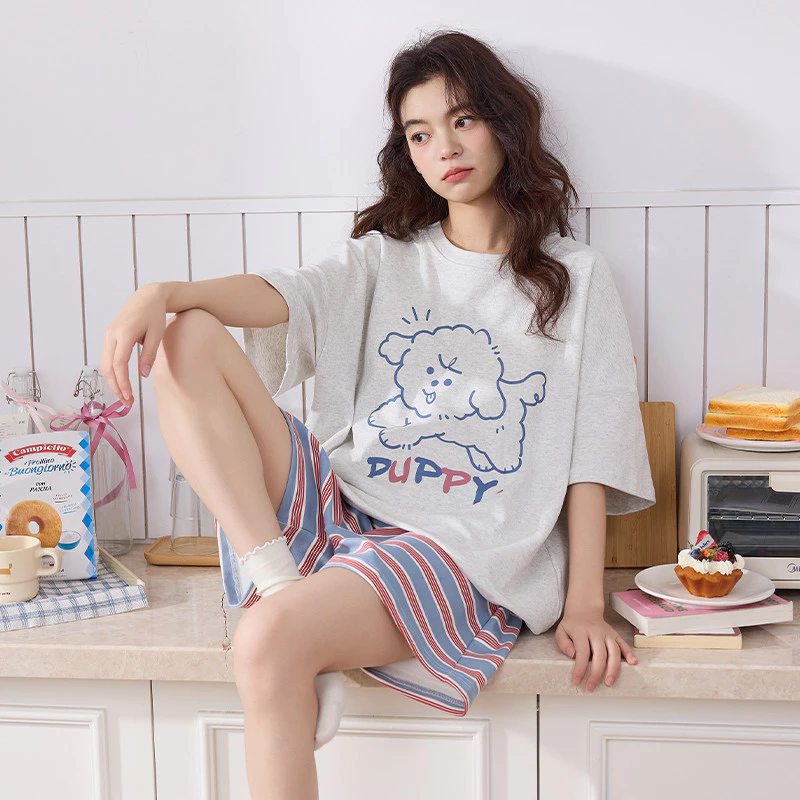 Bộ Đồ Ngủ Nữ Mùa Hè Tay Ngắn, Kẻ Sọc Dễ Thương, Thích Hợp Mặc Ở Nhà