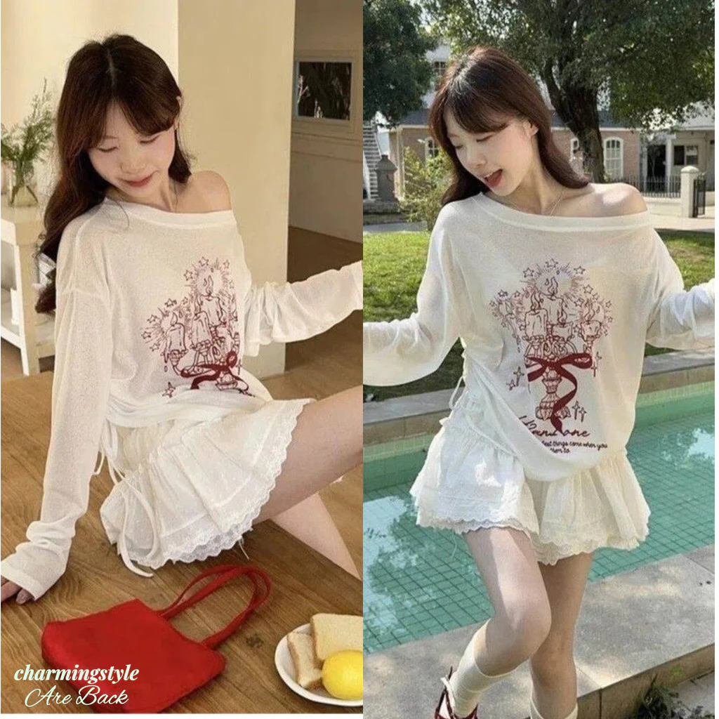 Áo Thun Dài Tay Lệch Vai in Hình Graffiti Áo Khoác Mỏng Chống Nắng Mùa Hè Dành Cho Nữ