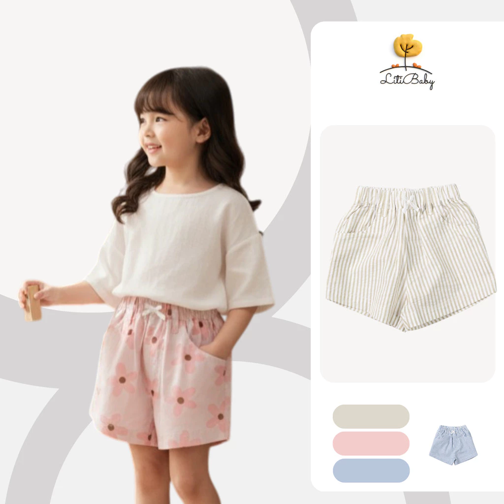 Quần short trẻ em kẻ sọc xanh cotton cạp chun dây rút thoáng mát LITIBABY cho bé từ 2-7 tuổi NH35