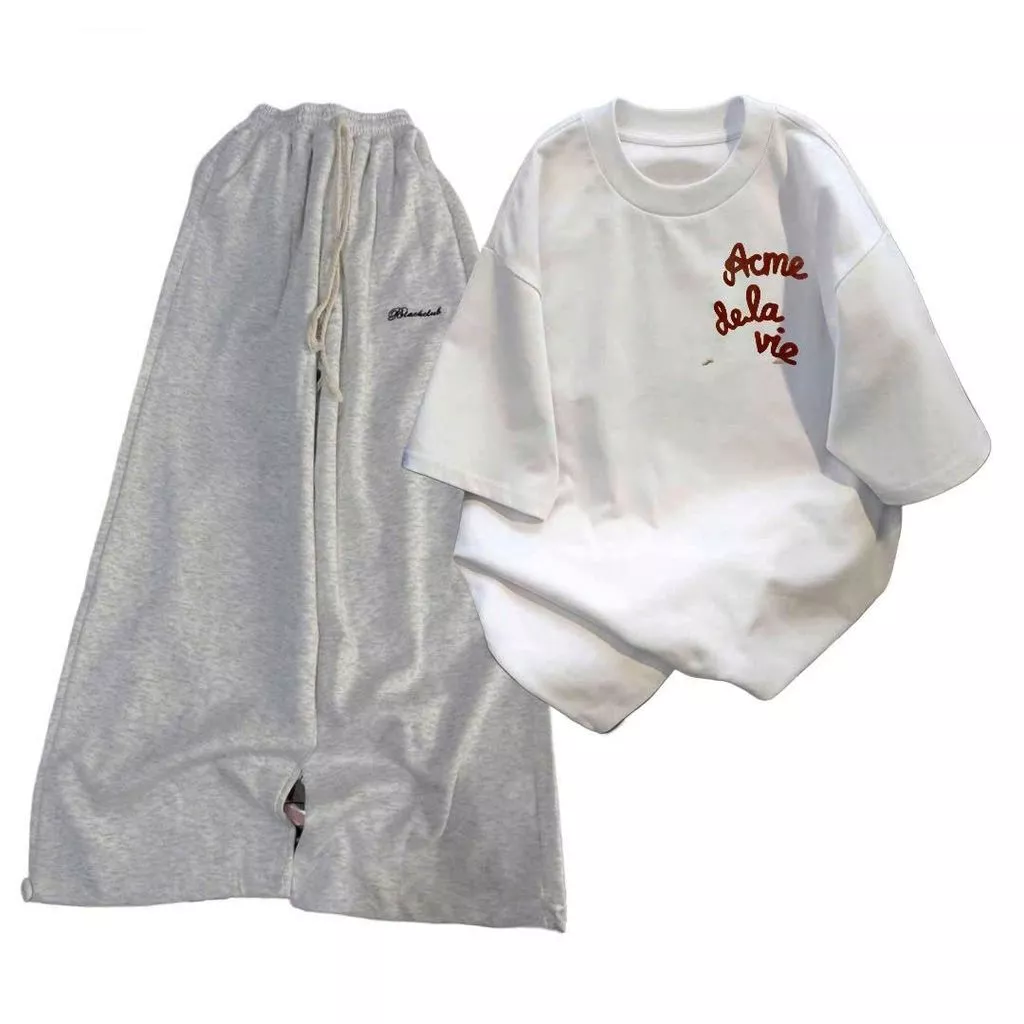 sét bộ đồ nữ Quần dài da cá xám đậm chữ kí + phối áo phông  màu trắng -thuba94