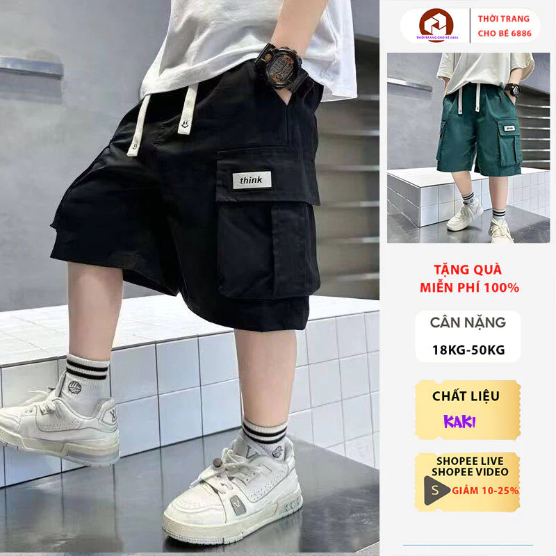 Quần short, dài kaki trẻ em nam, quần vải kaki túi hộp thời trang cho bé trai size 18-52kg mẫu THINK quần bé trai đi học