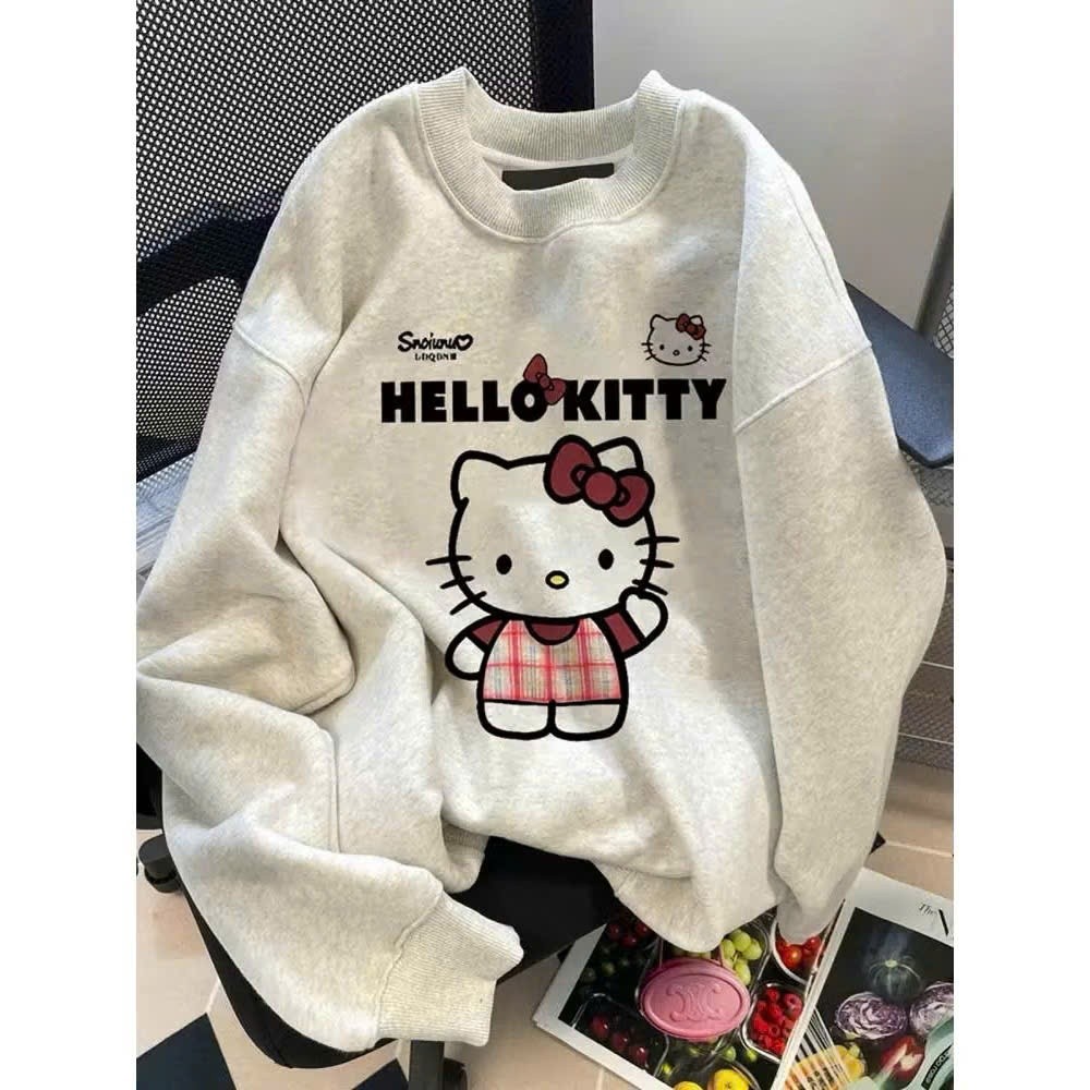 ÁO SWETER CỔ TRÒN VÀ HOODIE CÓ NÓN IN CHỮ HELLOKITTY XÁM DỄ THƯƠNG XSTT FASHION