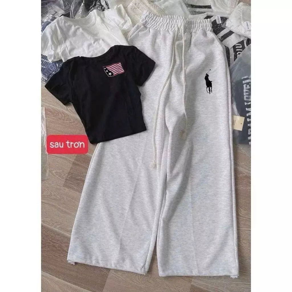 Sét Bộ quần rộng da cá dài xám tiêu in ngựa  + Áo thun tăm lạnh  croptop lá cờ mỹ