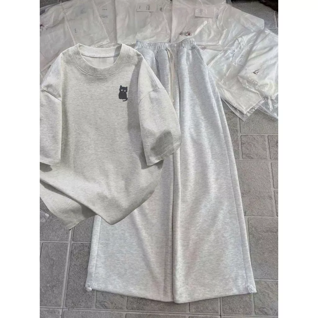 Bộ quần ống rộng da cá xám tiêu dài + phối áo phông form rộng unisex hình con CÚ