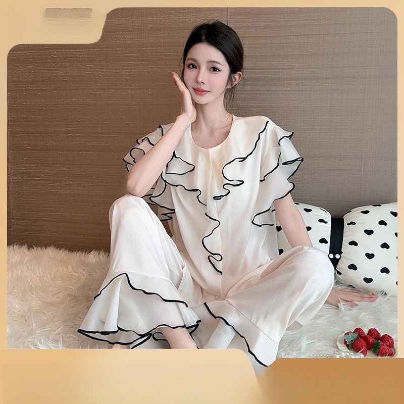 Bộ đồ ngủ lụa băng xếp ly mới, bộ tay ngắn mùa xuân hè, đồ mặc nhà nữ mùa thu màu trơn cao cấp kiểu Pháp