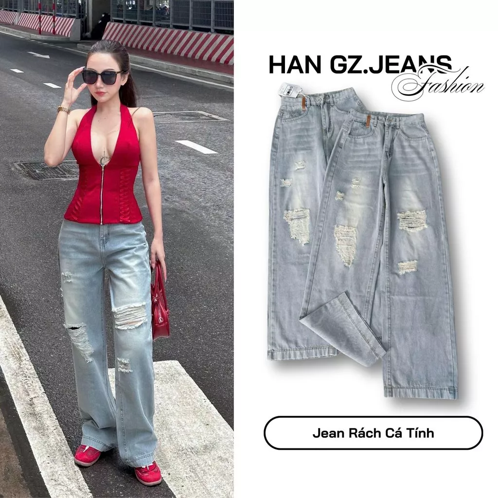 (Có Nấm Lùn) Quần Jeans Nữ HAN.Gz Ống Rộng Wash Rách Nhẹ Cạp Cao Dáng Suông R5029