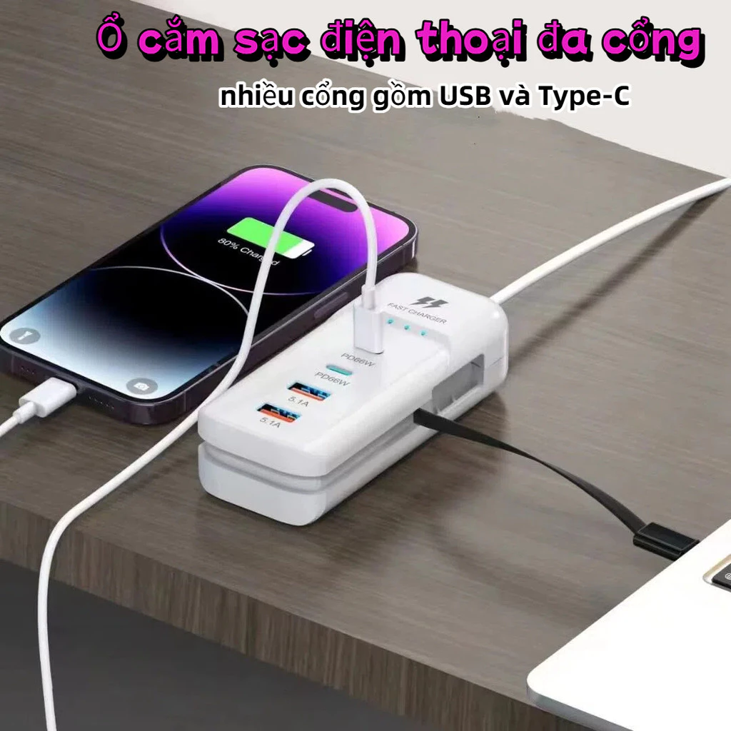 Ổ cắm điện đa năng mới cho sạc điện thoại, nhiều cổng gồm USB và Type-C, kèm dây nối dài.