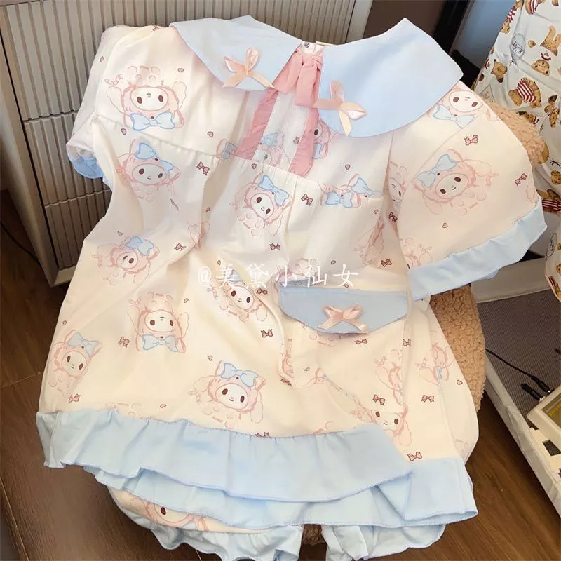 Bộ đồ ngủ My Melody dễ thương dành cho nữ, phong cách ins bán chạy mùa hè, bộ đồ mặc nhà tay ngắn có bèo nhún - Order
