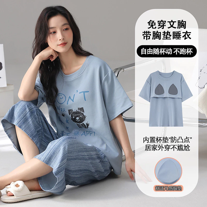 Bộ đồ ngủ nữ cotton tay ngắn/tay dài, thiết kế sọc mỏng và hình hoạt hình dễ thương, phù hợp cho mùa hè