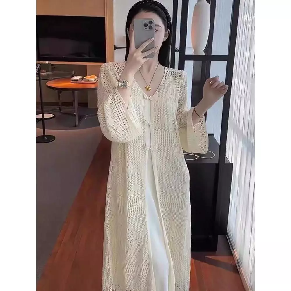 [Pre-Order]-Áo cardigan dệt kim dáng dài vừa phải, có khuy, phong cách Trung Quốc mới dành cho nữ, dáng rộng, thanh