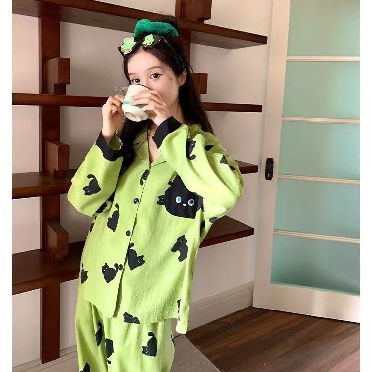 Bộ đồ ngủ mèo dễ thương mới dành cho nữ, chất liệu cotton mây, tay dài và quần dài,