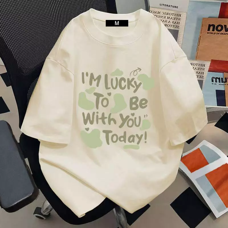 Genz Áo thun nam nữ, tay lỡ form rộng in hình lucky xanh, áo thun unisex, thời trang hot mùa hè Cổ Tròn
