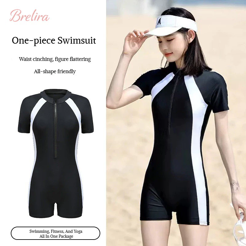 『 Brelira 』 Tummy Control Đồ bơi một mảnh Đồ bơi thể thao nữ Rash Guard Front Zip Nhanh khô Chống nắng Trang phục bãi biển bảo thủ