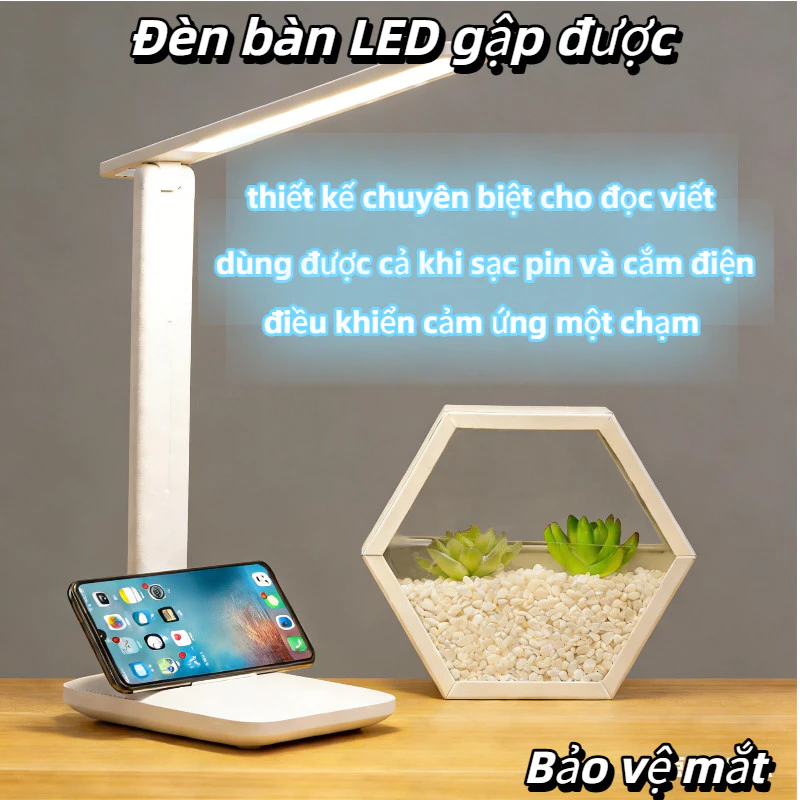 Đèn bàn LED gập được, bảo vệ mắt, hỗ trợ sạc pin hoặc cắm điện, điều chỉnh 3 tông màu ánh sáng.