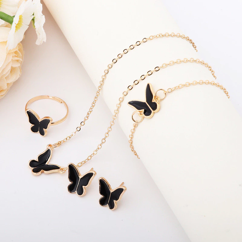 Bộ trang sức nữ thời trang 5 món họa tiết bướm gồm dây chuyền, khuyên tai, nhẫn và vòng tay