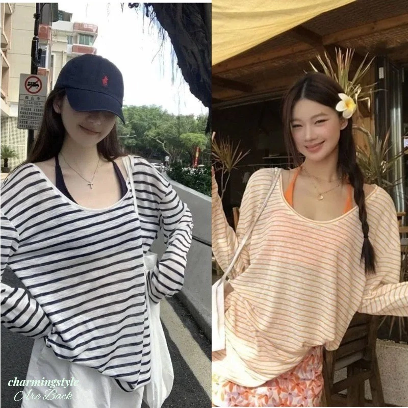 Áo Thun Dài Tay Dáng Rộng, Mỏng, Kẻ Sọc, Bộ Đồ Hai Mảnh Thời Trang Mới Bao Gồm Cả Áo Lót Bên Trong