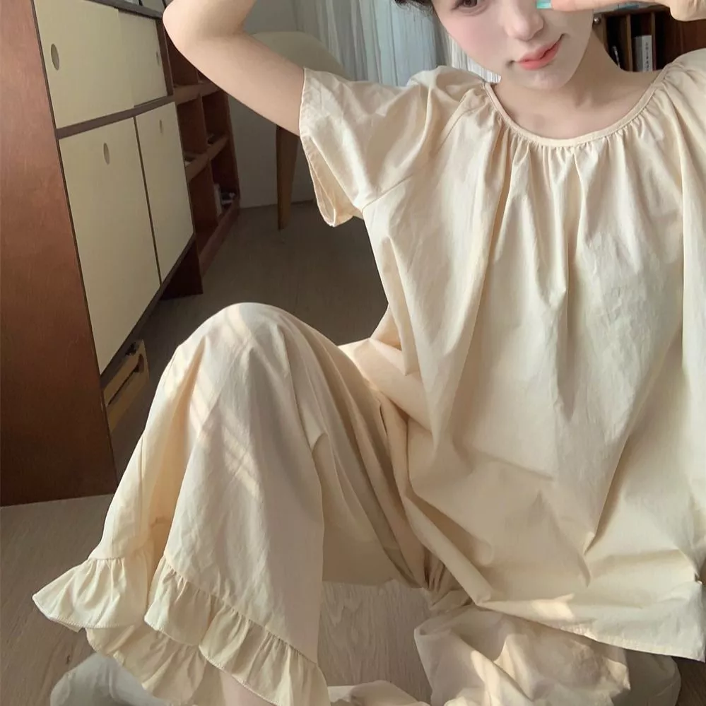 Bộ đồ ngủ nữ cổ tròn đơn giản màu kem mơ ngọt ngào, quần dài tay ngắn mùa hè, áo khoác ngoài mỏng mát mặc nhà - Hàng Ord