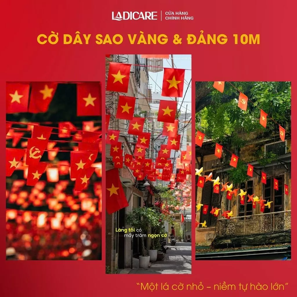 Cờ Dây Sao Vàng & Sao Đảng 10M x 20 Lá Cờ Trang Trí Ngày Lễ 30/4 - 2/9 Lụa Satin Dày Đẹp In 2 Mặt Sắc Nét Bền Đẹp