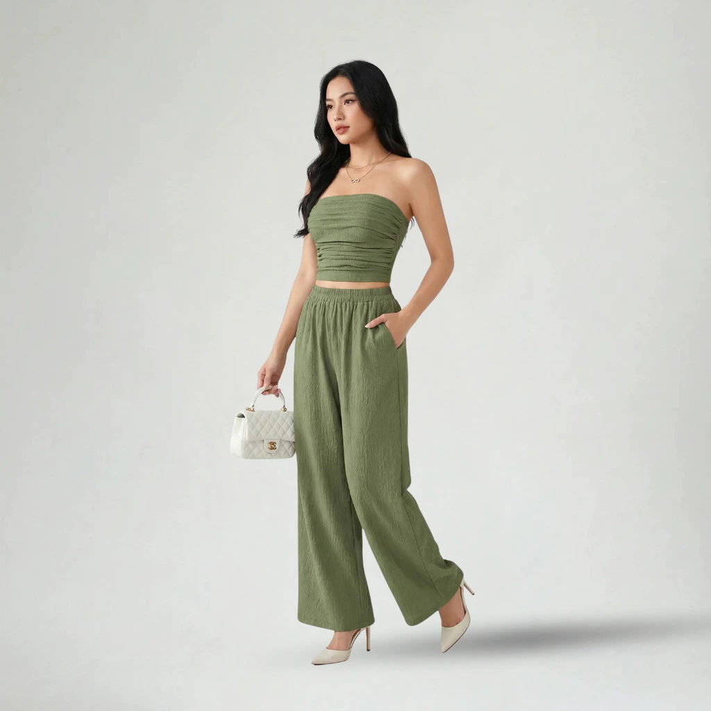Set Áo Quây Quần Dài Nữ Vải Crepe Màu Xanh Olive