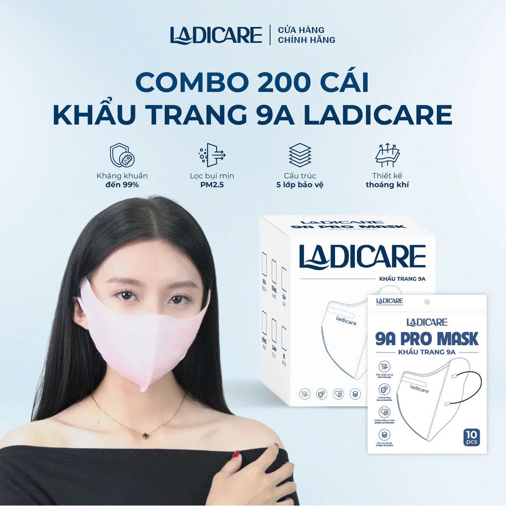 Khẩu trang 9A LADICARE 5 lớp bảo vệ toàn diện, form to che hết mặt chống nắng, bụi hiệu quả