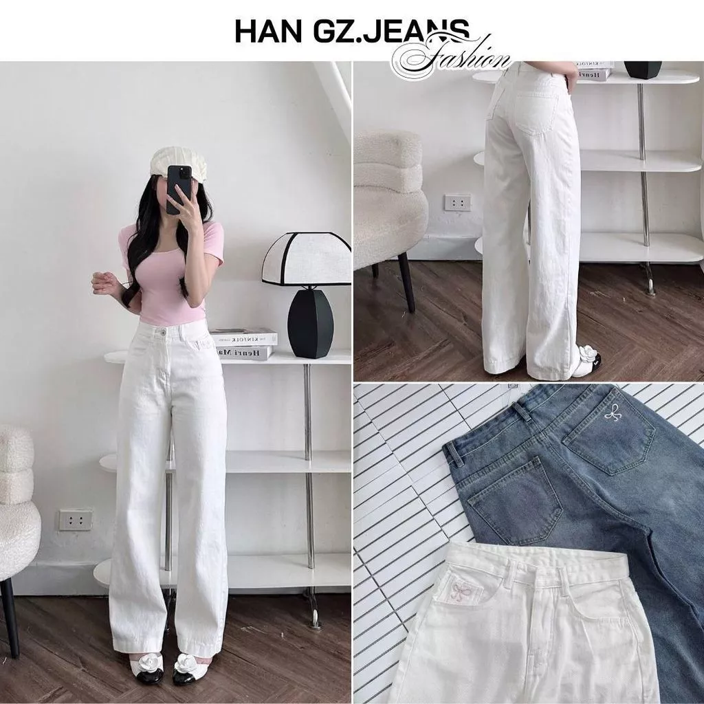 (CÓ NẤM LÙN) Quần Jeans Nữ HAN.Gz Lưng Cao Ống Rộng Dáng Suông Thêu Nơ Nhỏ Túi Trước Sau R5053 Hàn Quốc