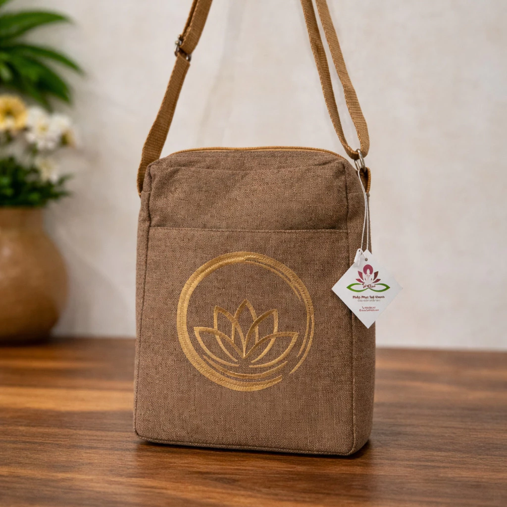 Túi đựng điện thoại hoặc áo tràng 3 ngăn linen bố gọn đẹp có tăng giảm chiều dài dây đeo