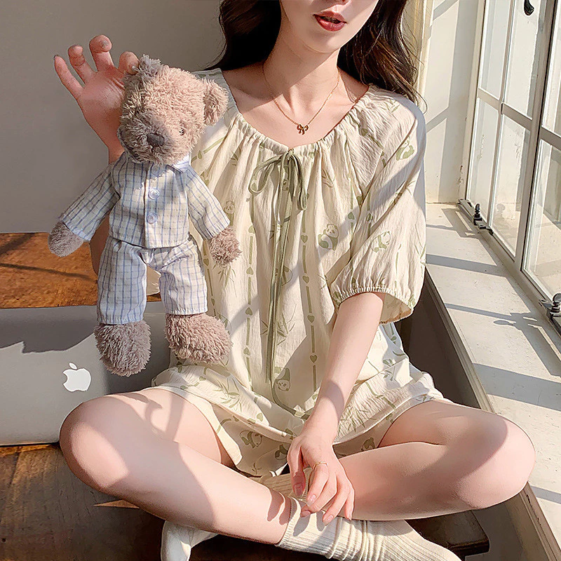 【Bông Cao Cấp】Bộ Đồ Ngủ Mùa Hè Dễ Thương - Cổ Tròn/Cổ Bèo Nhí Tay Ngắn Quần Sooc Có Dây Rút Điều Chỉnh Thoải Mái | Đồ Mặc Nhà Thoáng Mát