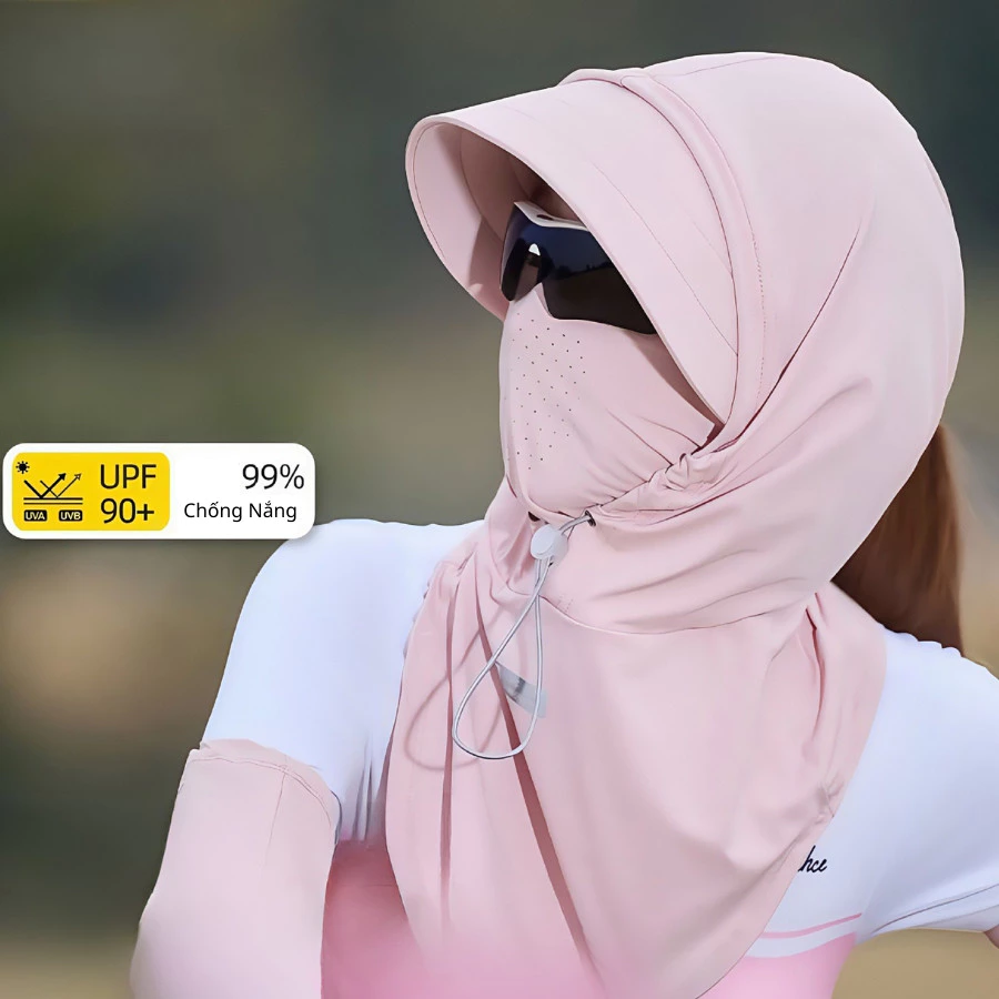 Mũ Chống Nắng Kèm Khẩu Trang Liền UPF90+, Khăn Che Mặt Chống UV 99%, Mũ Đi Biển Nữ Cao Cấp