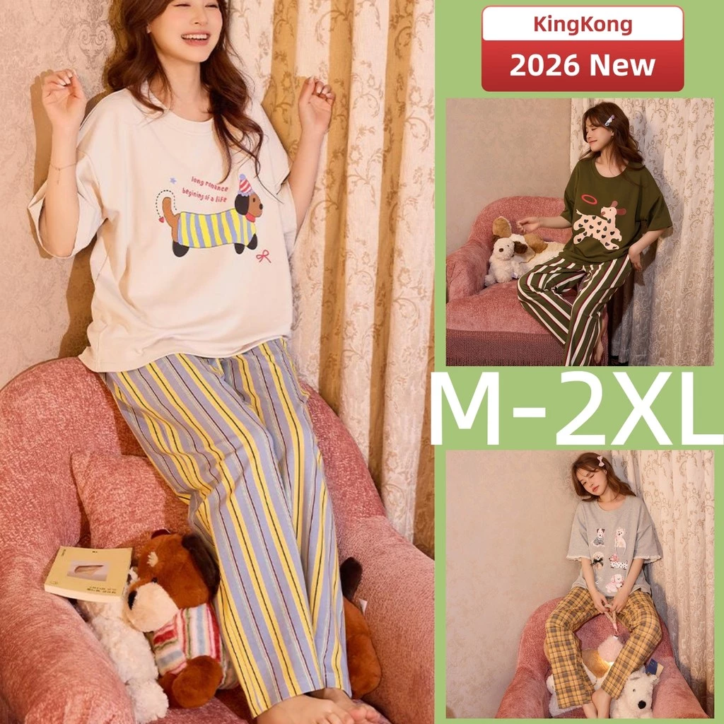 Bộ Đồ Ngủ Cotton Nguyên Chất Cho Nữ, Tay Ngắn, Họa Tiết Dễ Thương, Thích Hợp Mùa Hè