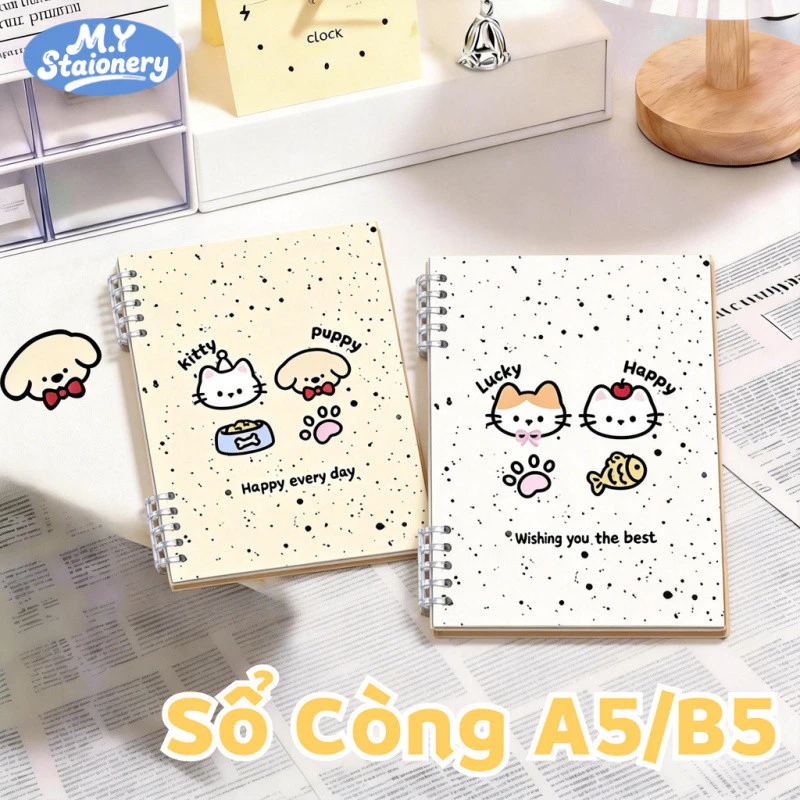 Sổ Còng A5 B5 M.Y 120 Trang Kẻ Ngang – Thay Ruột, Khuyết Còng Không Đau Tay, Kitty Puppy