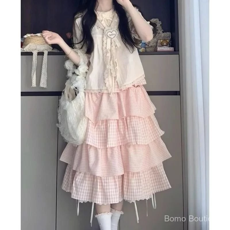 [Pre-Order]-Váy Dài Nữ Vintage, Kết Hợp Áo Sơ Mi Caro Hồng Trắng, Xếp Tầng Điệu Đà, Dáng Ngọt Ngào mẫu mới hàng qc