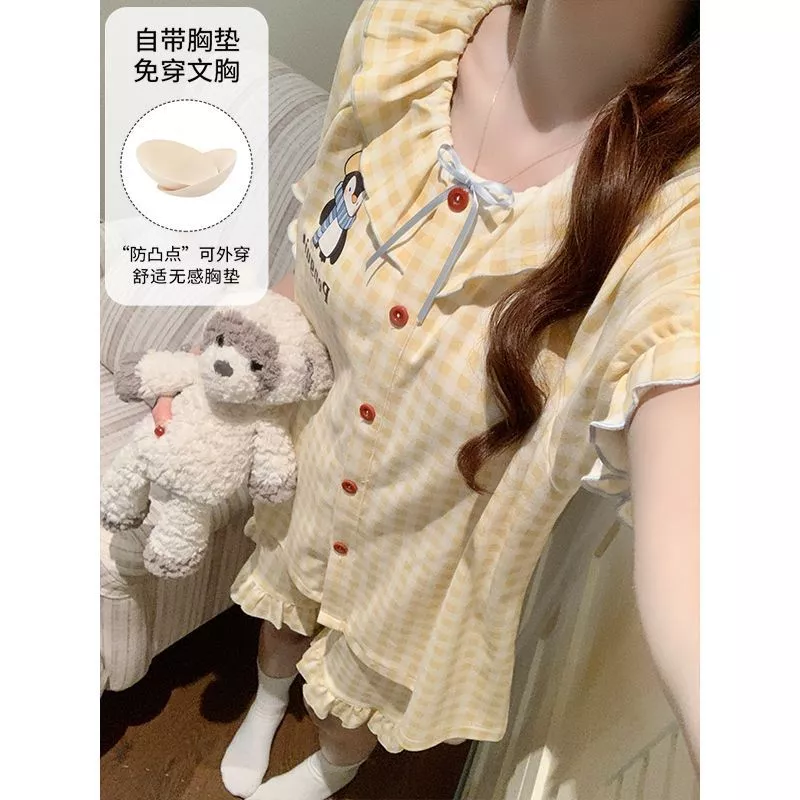 Đồ ngủ nữ mùa hè có đệm ngực, quần short tay ngắn, kiểu dáng mỏng nhẹ và ngọt ngào, phù hợp với dáng người nhỏ - Order