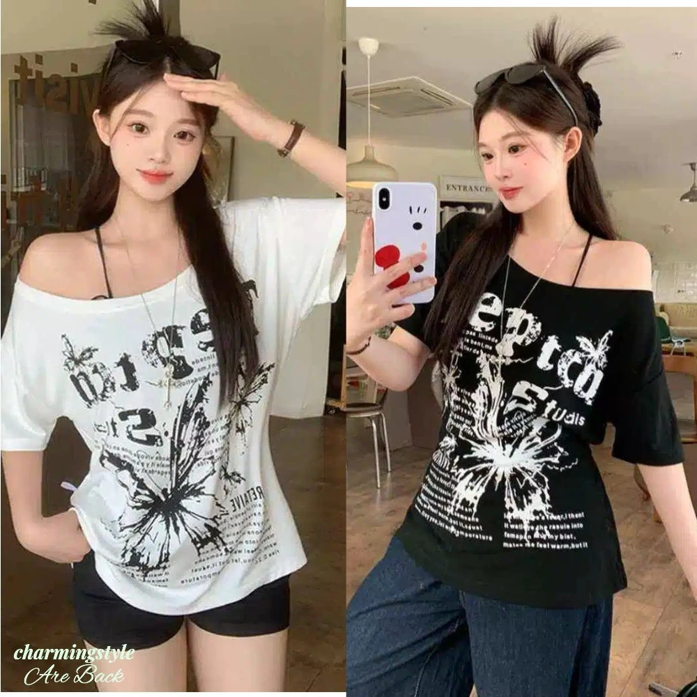 Áo Thun Tay Ngắn Trễ Vai Kiểu Mỹ, Kiểu Dáng Mùa Hè Mới, Áo Tay Ngắn Rộng Rãi in Họa Tiết Thời Trang.