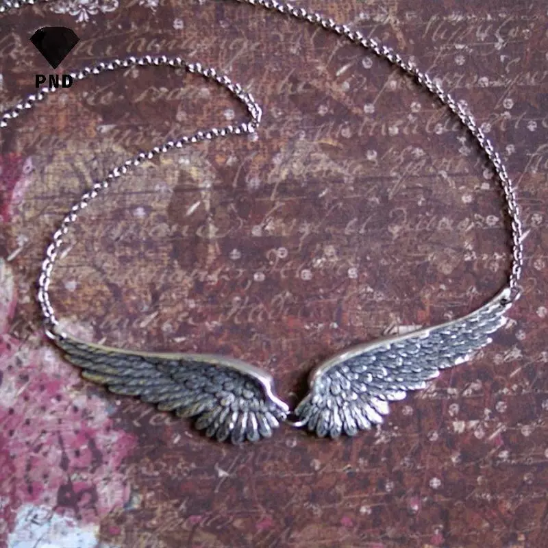 PND Vintage Màu Bạc Cánh Thiên Thần Lông Vũ Choker Mặt Dây Chuyền Lớn Liên Kết Dây Xích Nelaces Cho Nữ Trang Sức Cưới Bộ Lạc Quà Tặng raoog