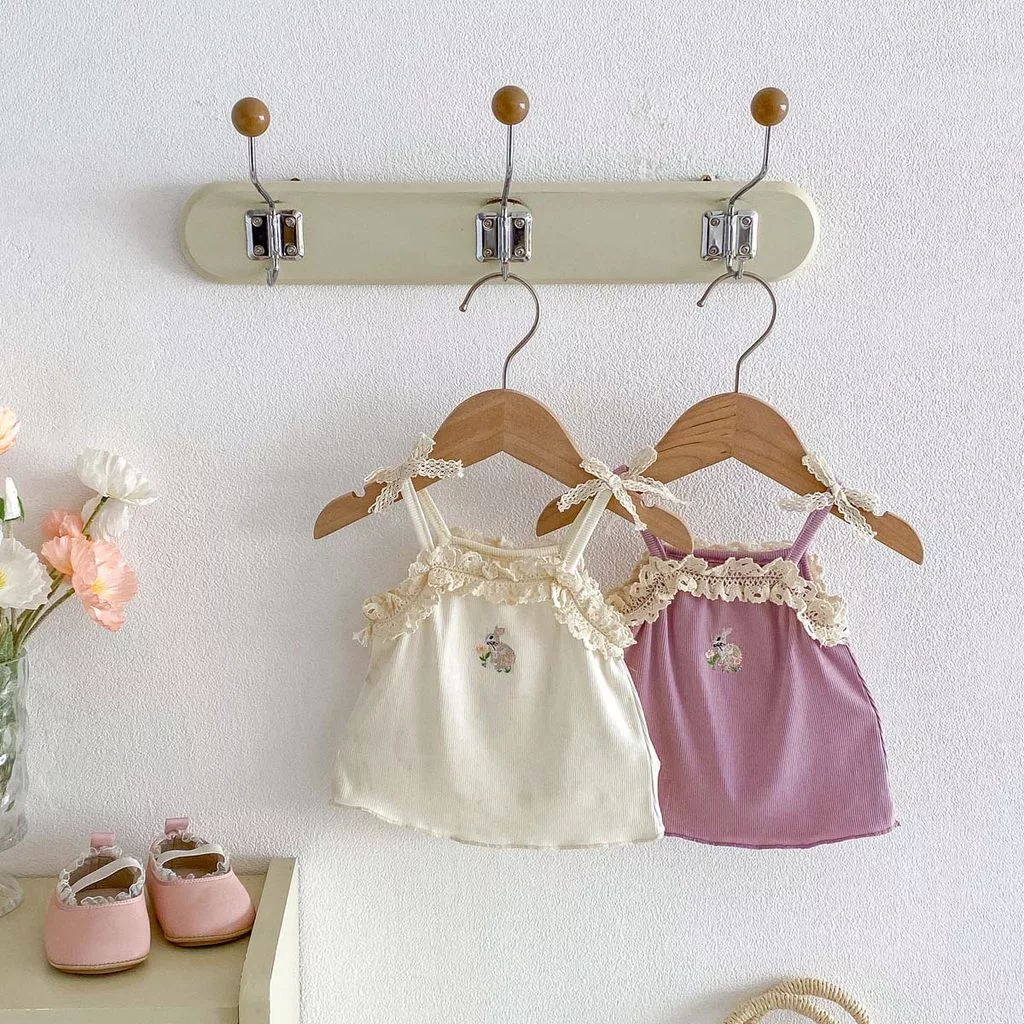 Mùa Hè Bé Gái Thỏ Dễ Thương Thêu Họa Tiết Trang Trí Ren Mỏng Áo Vest Không Tay 0-24 Tháng Quần Áo Cho Bé