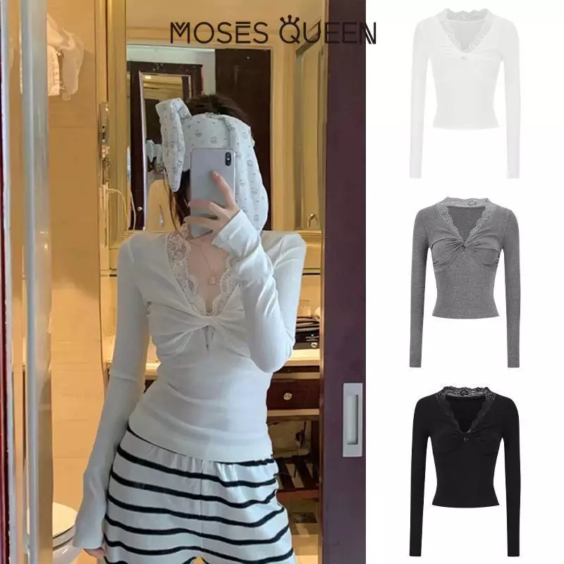 < MOSESQUEEN > of Mercy Cô gái nóng bỏng Dây ren gợi cảm Cổ chữ V Tay dài Mùa thu và Mùa đông Áo Top mềm mại mới #63174