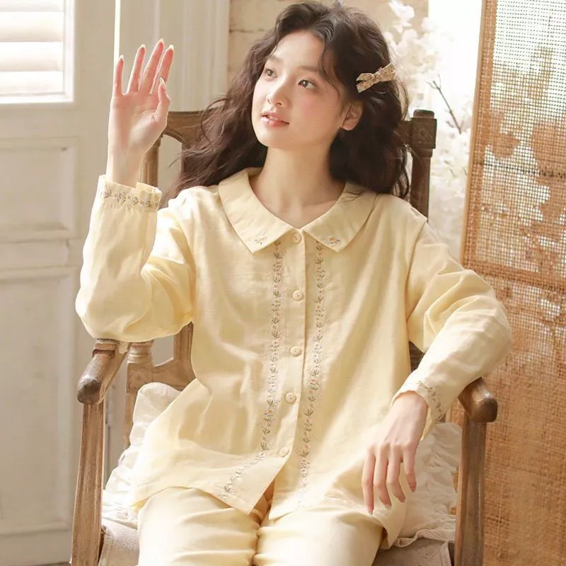 Bộ đồ ngủ nữ mới với tay áo dài và quần dài, thiết kế thêu ngọt ngào và tươi mới, phong cách cổ điển cao cấp - Hàng Orde