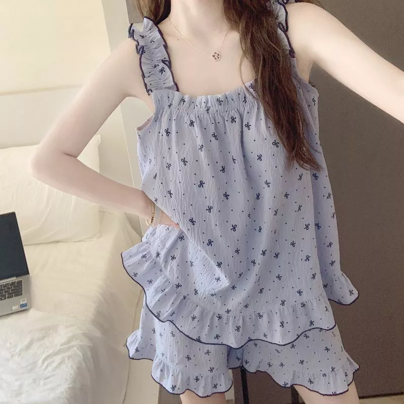 Bộ Đồ Ngủ Nữ Mùa Hè Phong Cách Hàn Quốc Có Đệm Ngực, Áo Hai Dây Thắt Nơ, Quần Short - Hàng Order