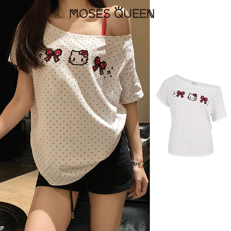 MOSESQUEEN Top bất đối xứng dễ thương Hello Kitty chấm bi phong cách ngọt ngào, thoáng mát cho mọi hoạt động hàng ngày #63532
