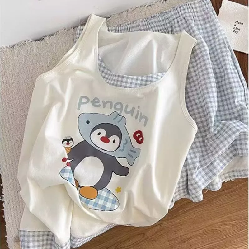 Bộ đồ ngủ áo ghi lê hình chim cánh cụt hoạt hình dành cho nữ, chất liệu mát mùa hè, áo hai dây và quần đùi - Hàng order