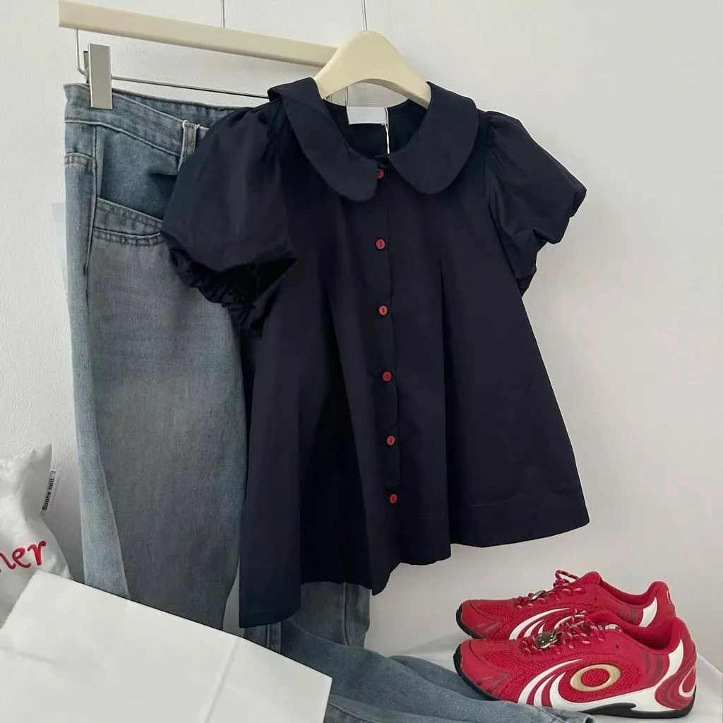 Áo babydoll nữ chất đũi tay phồng,áo sơ mi cộc tay cổ sen cúc đỏ kiểu dáng dễ thương phong cách Vintage