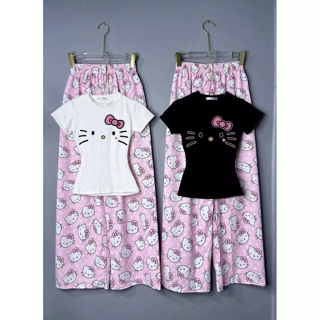 Bộ quần dài kity màu hồng +phối áo CROPTOP hình Mèo đơn giản -CHANG3158