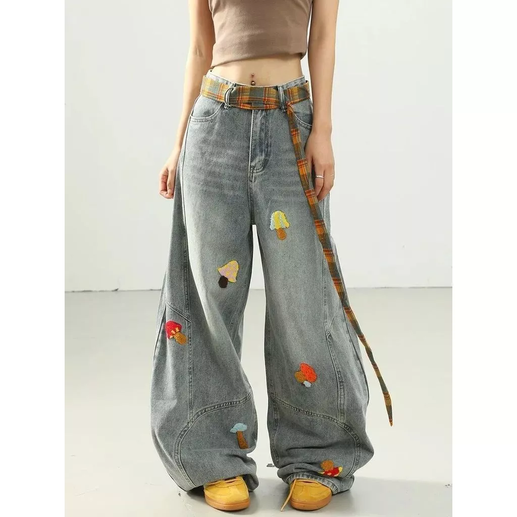 Quần jeans ống đứng thêu họa tiết nấm phong cách retro Mỹ dành cho nữ, quần ống rộng dáng suông phong cách đường phố