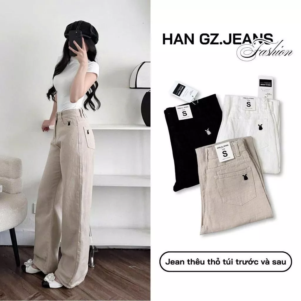 (CÓ NẤM LÙN) Quần Jeans Nữ HAN.Gz Lưng Cao Ống Rộng Dáng Suông Thêu Thỏ Túi Trước Sau R5010 Kiểu Dáng Hàn Quốc