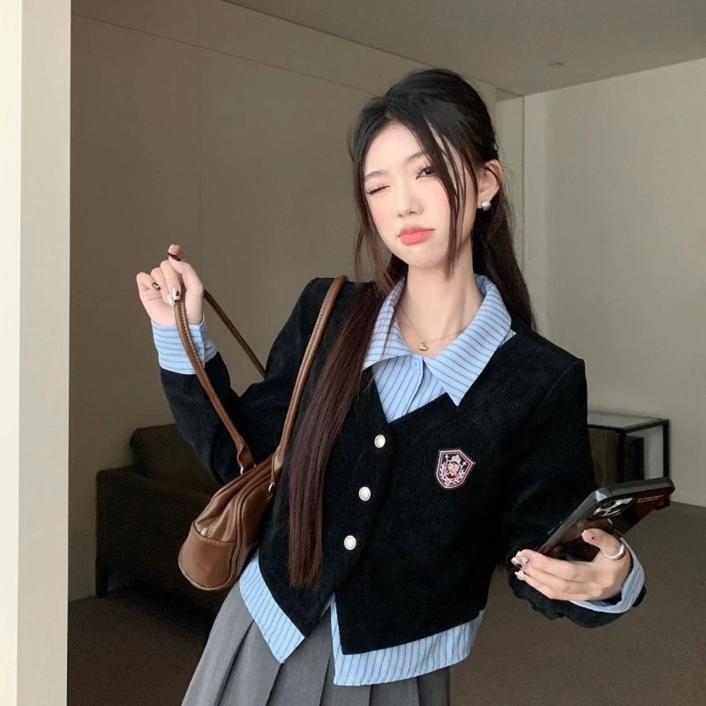Áo Sơ Mi Nữ Phong Cách Đại Học Xuân Thu Thời Trang Mới Cổ Polo Slim Top Giả Hai Mảnh Top