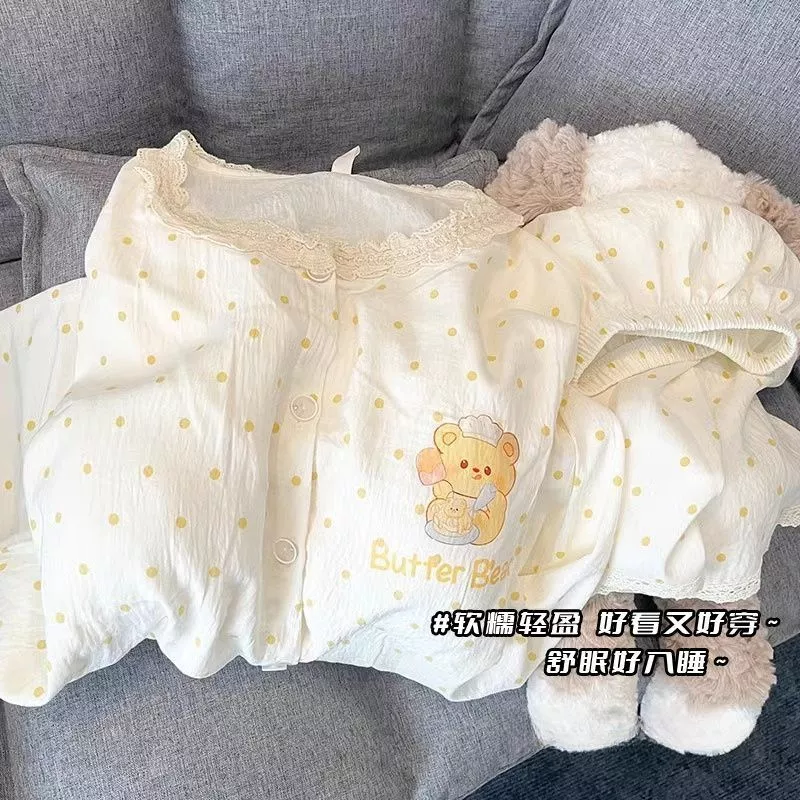 Bộ đồ ngủ mùa hè nữ của Chef Bingbing có đệm ngực, quần short tay ngắn mềm mại, bộ đồ mặc nhà ren dễ thương - Order