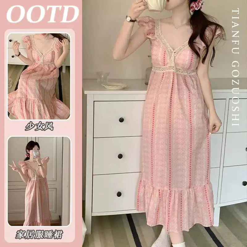 Váy ngủ bé gái Hàn Quốc, áo hai dây với viền ren, phù hợp cho mùa hè