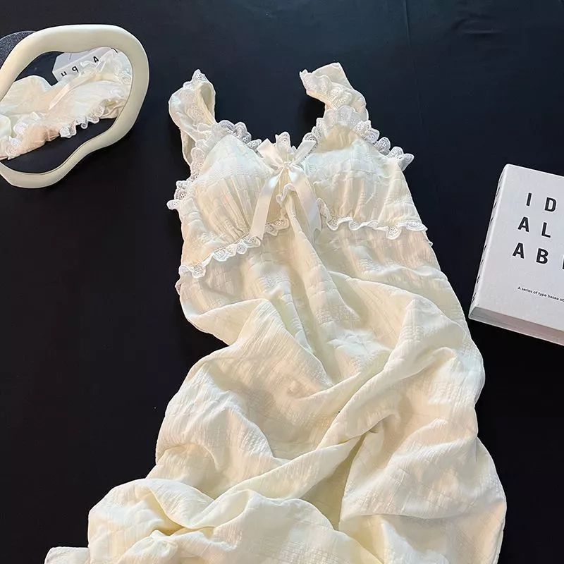 Bộ đồ ngủ cotton mùa hè dành cho nữ, phong cách ngọt ngào và quyến rũ, có đệm bông, váy ngủ ren trắng, công chúa - Order
