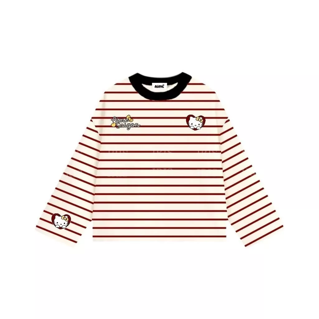 Áo Phông Kitty Kẻ Sọc Dễ Thương Form Rộng Nam Nữ, Cổ Phối Màu, Áo Thun Unisex Phong Cách Hàn